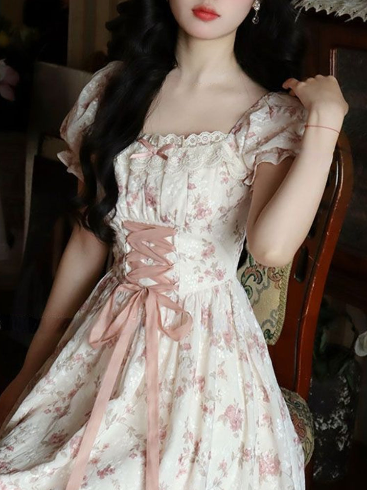 Women’s Summer Lace Fairy Dress – Square Collar Floral Princess Dress