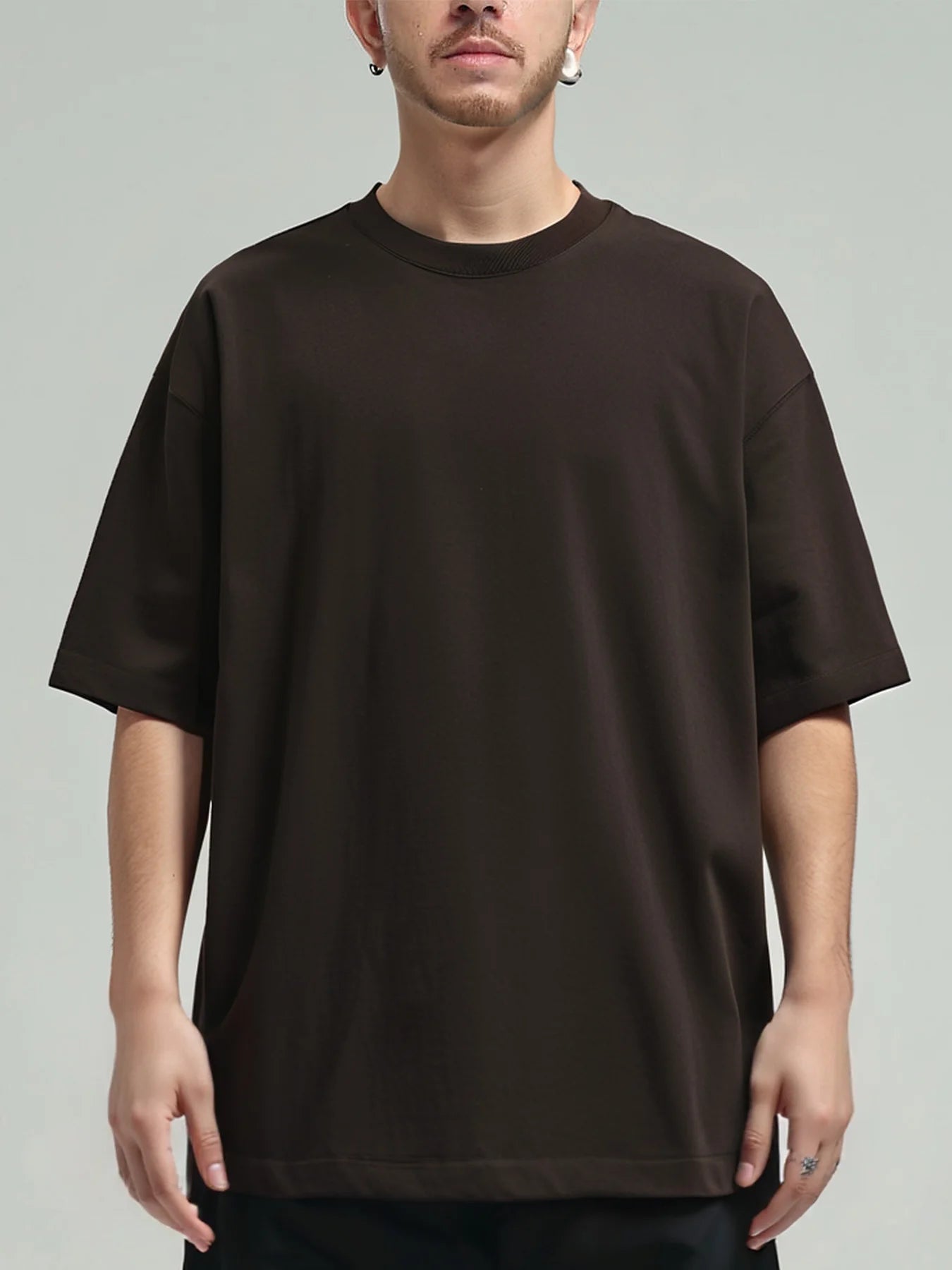 Oversized Heavy Cotton T-Shirt Men Solid Color Drop Shoulder Loose Fit