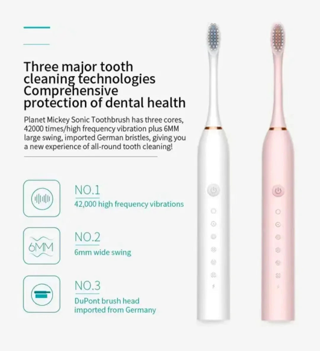 Sonic Electric Toothbrush for Adults | 3 DuPont Heads, USB Rechargeable, IPX7 Waterproof
