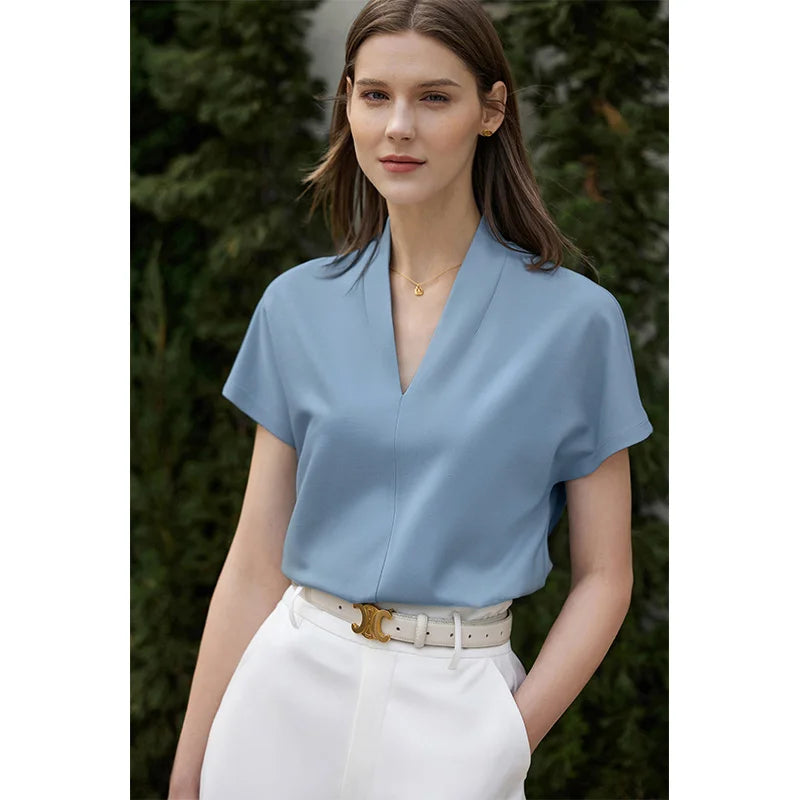 Women’s Classic V-Neck Short Sleeve T-Shirt – Casual Solid Stretch Top