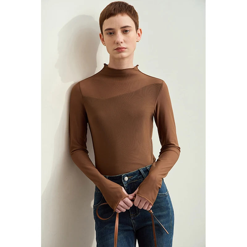 Women’s Mesh Half-High Neck Slim T-Shirt – Retro Office Spring Top