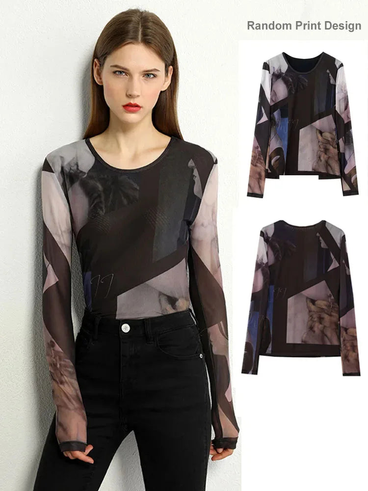Women’s Long Sleeve Mesh Print T-Shirt – Slim Trendy Spring Top