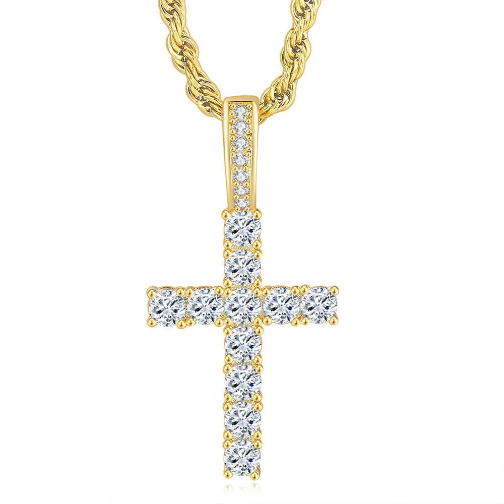 Unisex Gold Iced-Out Hip Hop Cross Pendant Necklace – Statement Chain