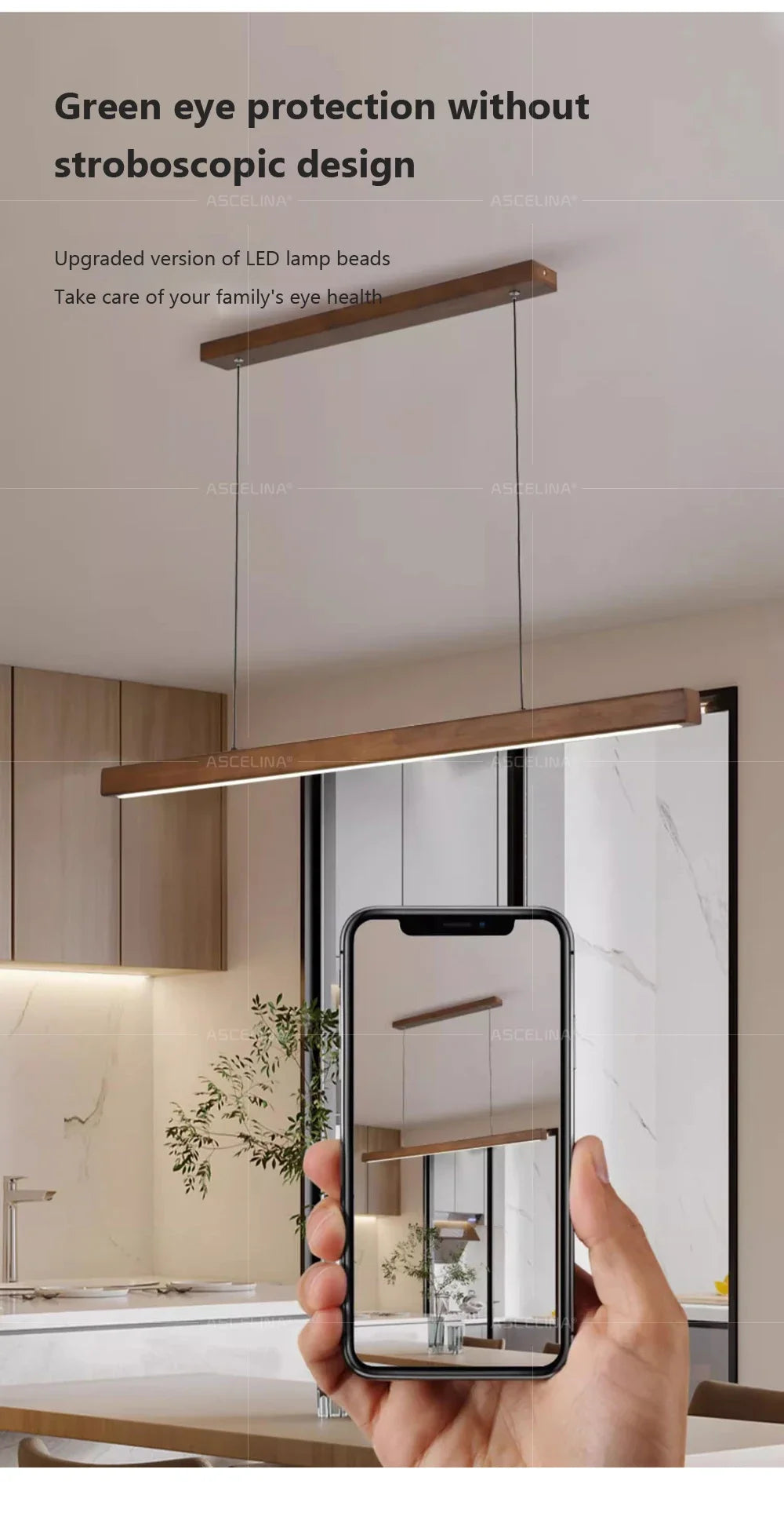 Nordic Wood LED Pendant Light – Long Strip Dining Table Fixture