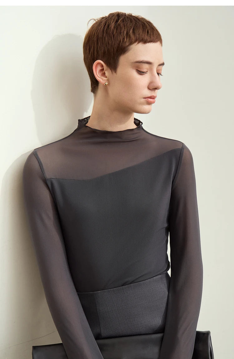 Women’s Mesh Half-High Neck Slim T-Shirt – Retro Office Spring Top