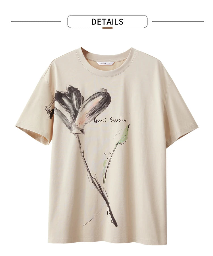 Women’s Summer Ink Art Print T-Shirt – Loose O-Neck Cotton Tee