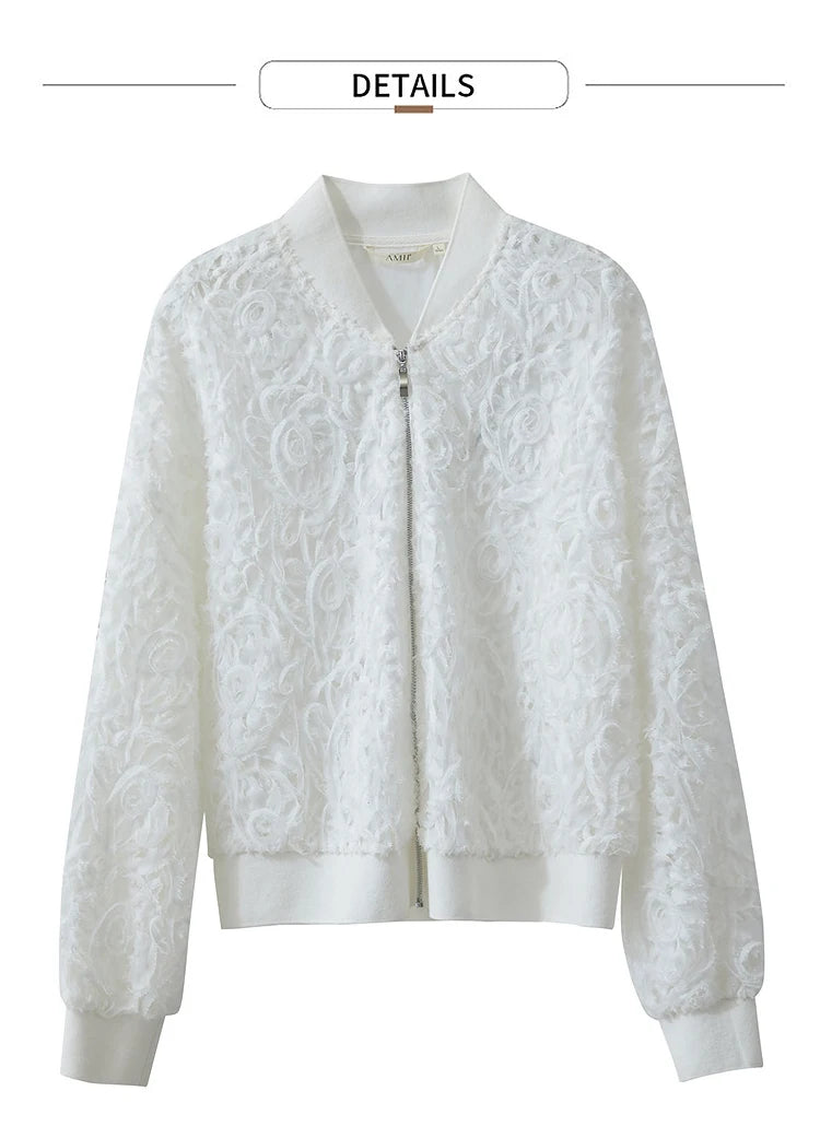 Women’s V-Neck Zipper Jacket – Hollow Flower Loose Casual Top