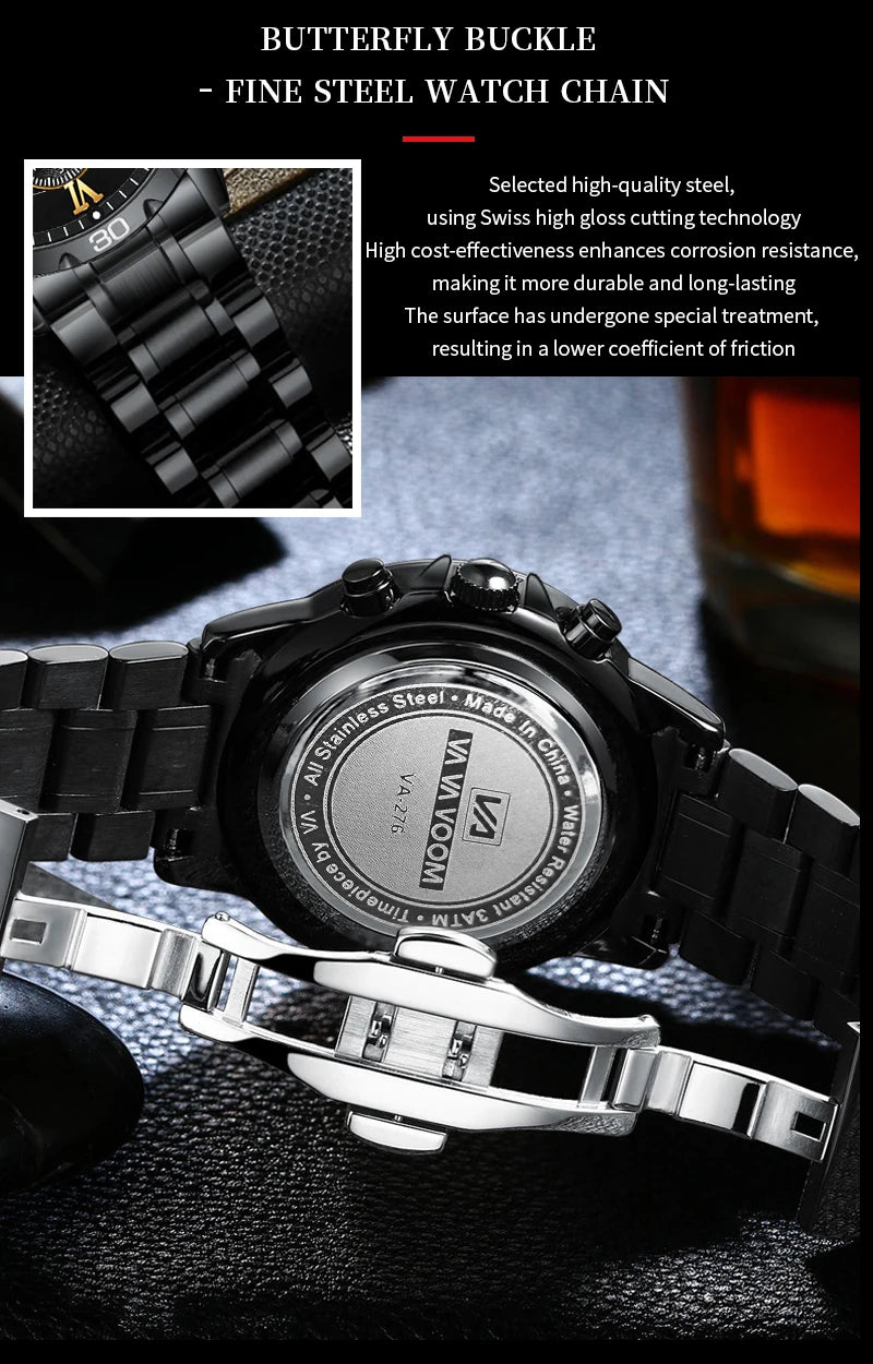 43mm Stainless Steel Men’s Quartz Watch – Diamond Night Glow