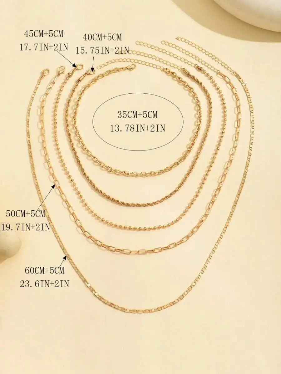 Layered Gold Tone Necklace Set – 5pcs Braided & Beaded Chains