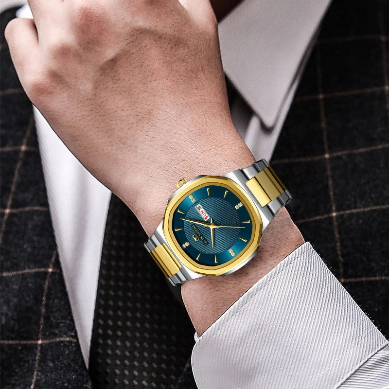 Luxury Diamond Men’s Watch – Stainless Steel Dual Date & Week Display