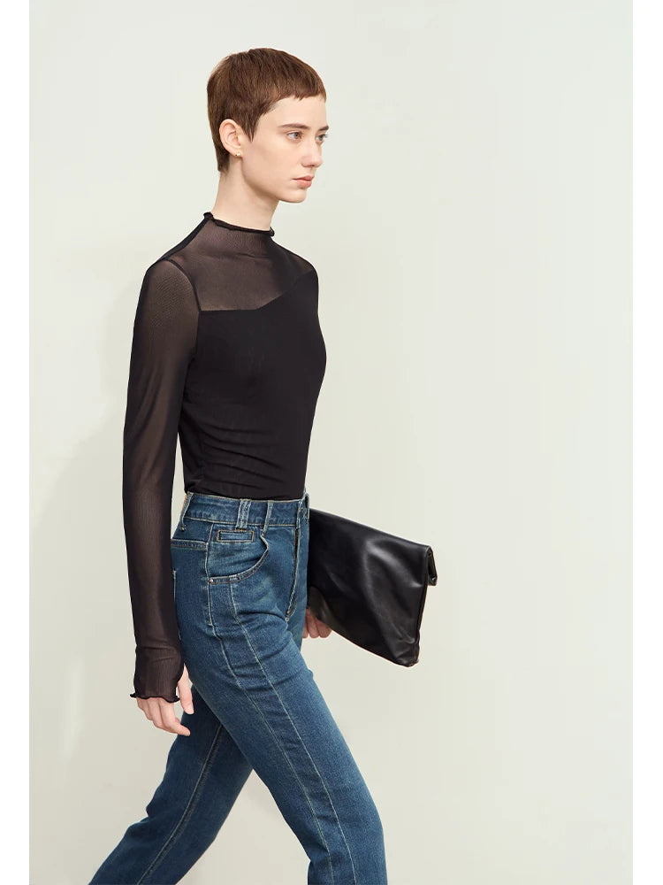 Women’s Mesh Half-High Neck Slim T-Shirt – Retro Office Spring Top