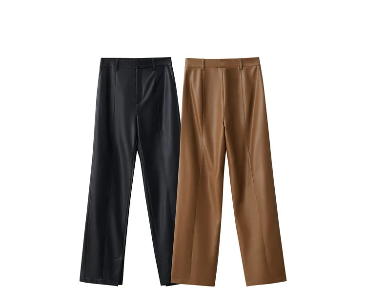 Women’s PU Leather Casual Pants – Loose Straight Floor-Length Trousers