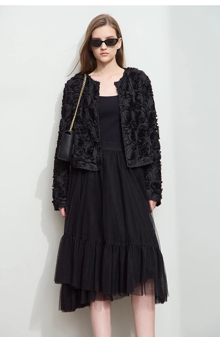 Women’s Elegant Short Jacket – Romantic Flower O-Neck Hook Button Coat
