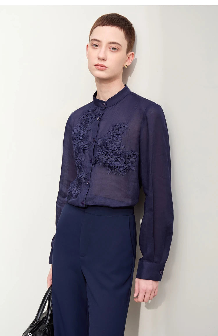 Women’s Autumn Stand Collar Lace Shirt – Elegant Shell Button Blouse