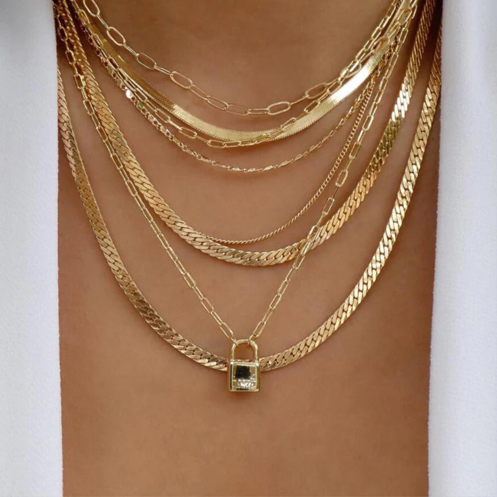 Layered Gold Tone Necklace Set – 5pcs Braided & Beaded Chains