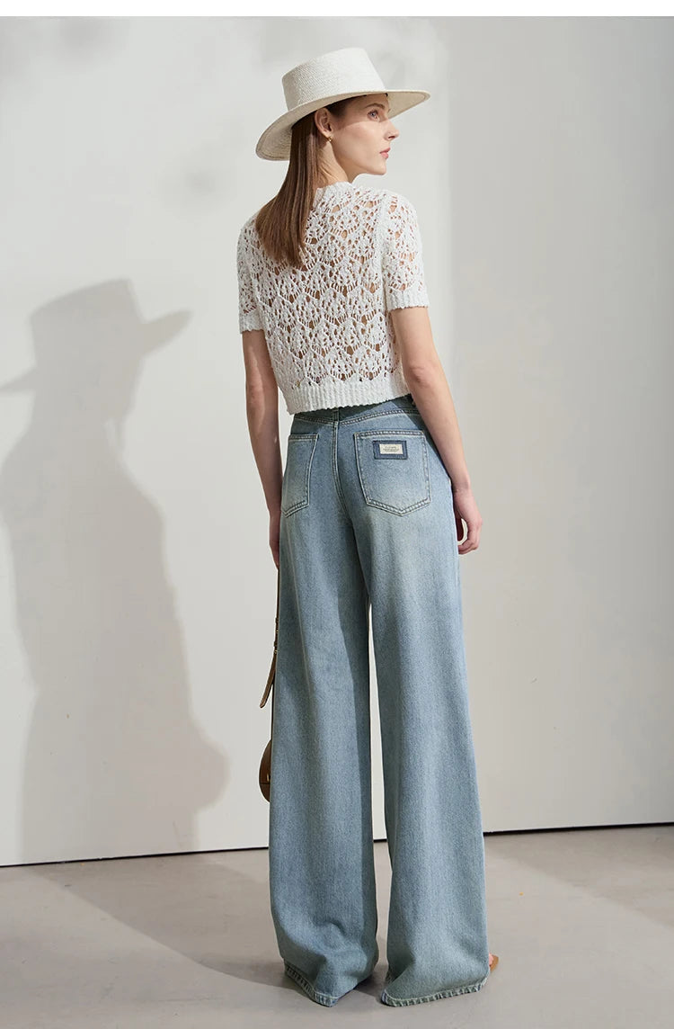 Women’s Blue Wide Leg Denim Jeans – Low Waist Loose Casual Trousers
