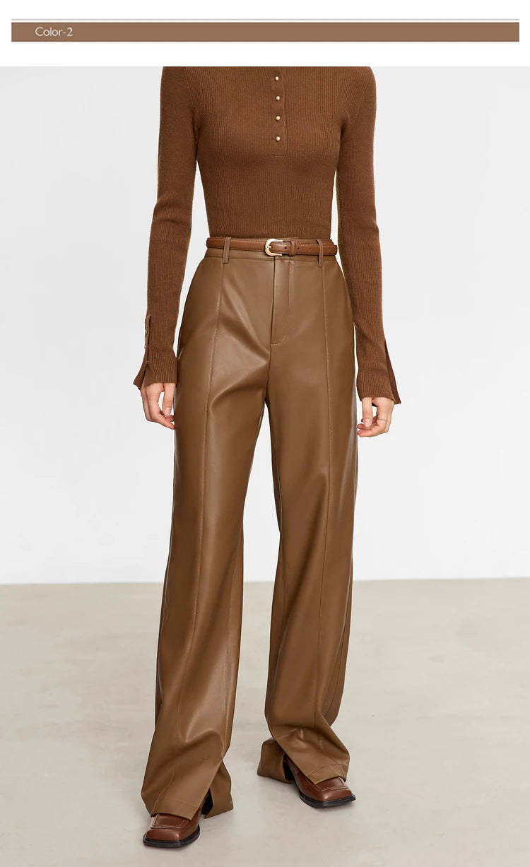 Women’s PU Leather Casual Pants – Loose Straight Floor-Length Trousers