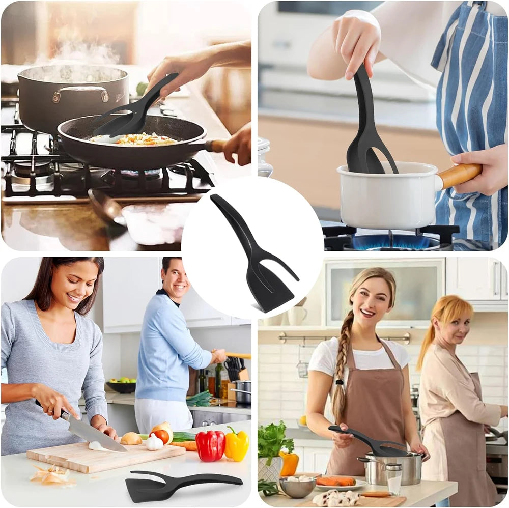 2-in-1 Grip Flip Spatula Tongs - Nylon Non-Stick Egg Flipper for Pancakes, Fish