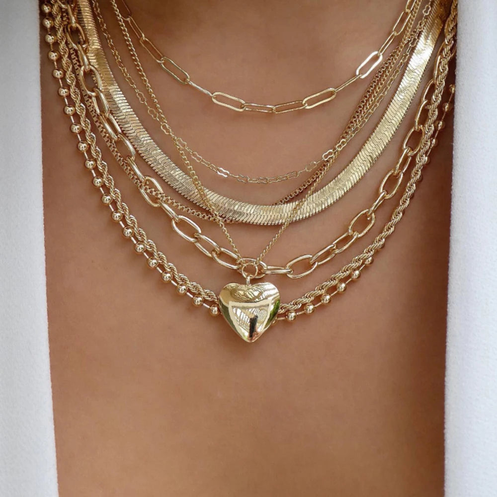 Layered Gold Tone Necklace Set – 5pcs Braided & Beaded Chains