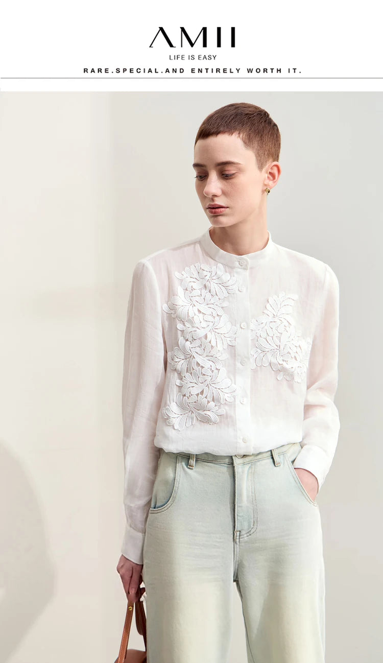 Women’s Autumn Stand Collar Lace Shirt – Elegant Shell Button Blouse