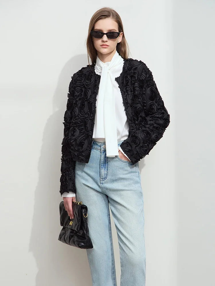 Women’s Elegant Short Jacket – Romantic Flower O-Neck Hook Button Coat