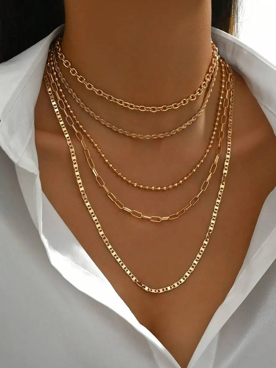 Layered Gold Tone Necklace Set – 5pcs Braided & Beaded Chains