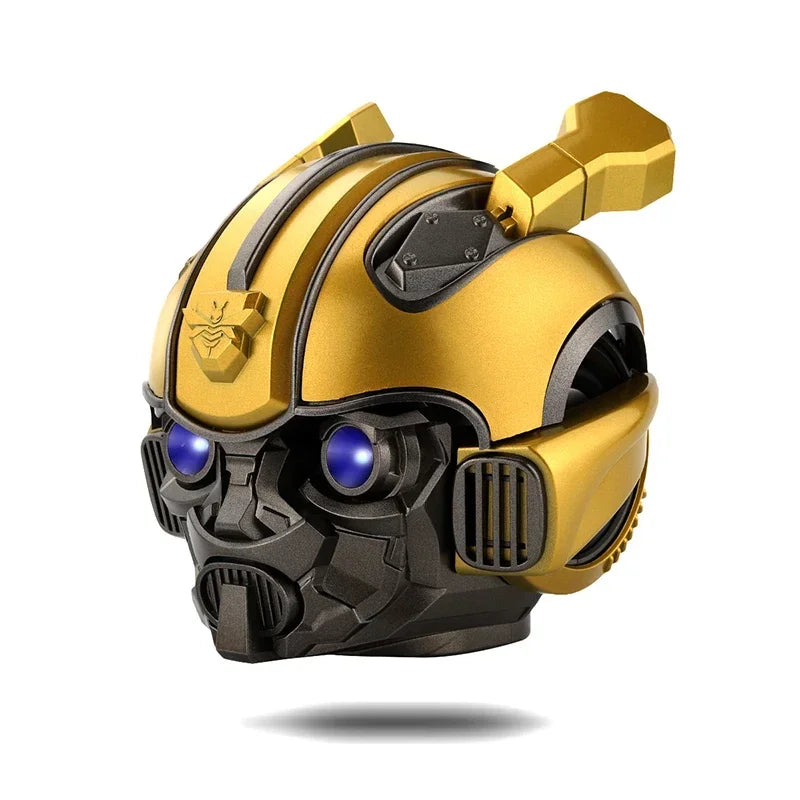 Gold and black helmet with blue eyes on a white background