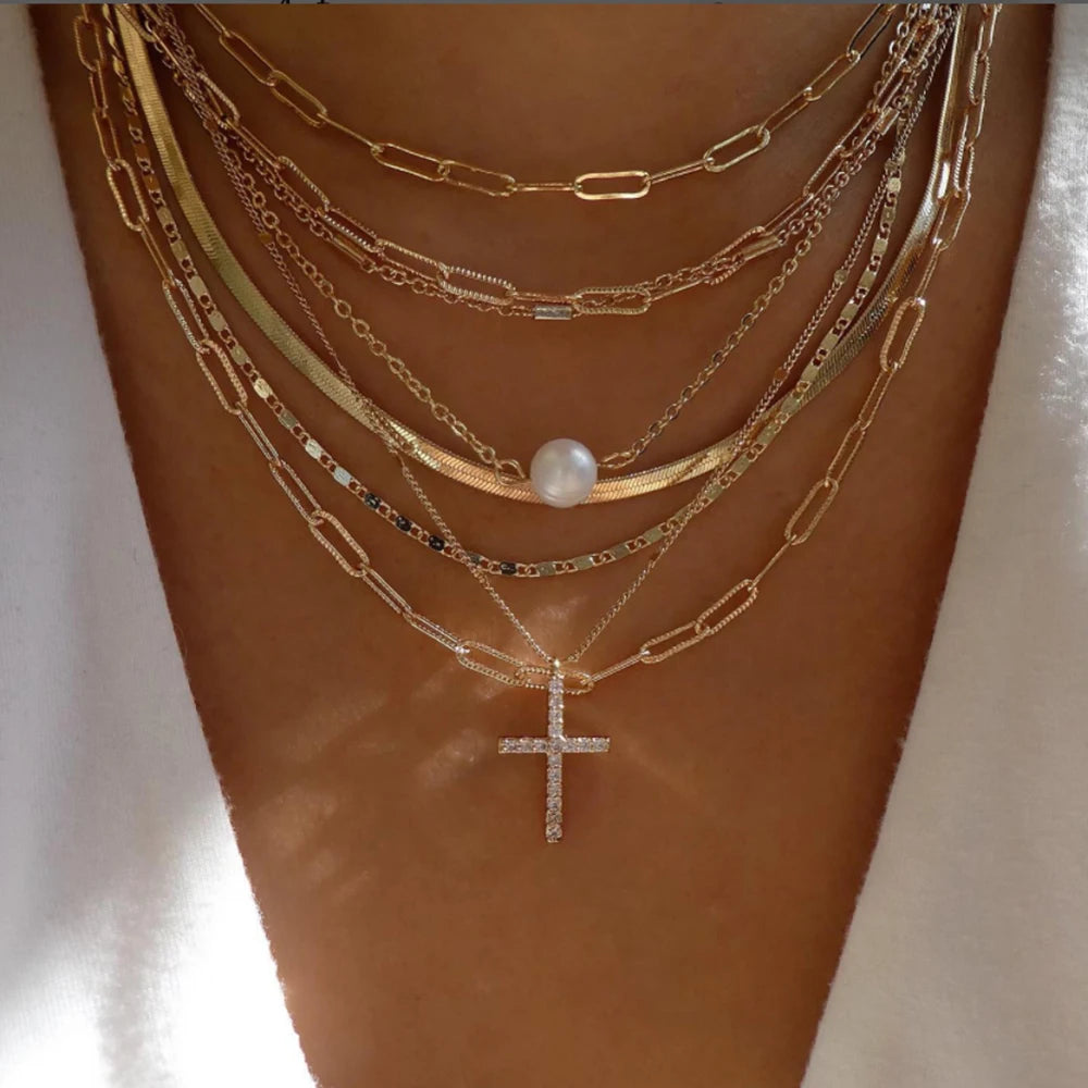 Layered Gold Tone Necklace Set – 5pcs Braided & Beaded Chains