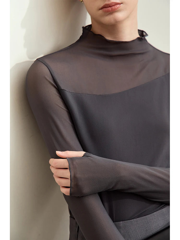Women’s Mesh Half-High Neck Slim T-Shirt – Retro Office Spring Top