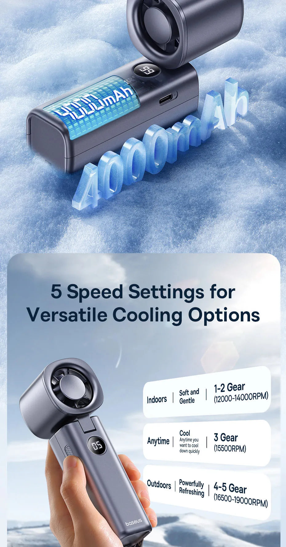 Portable Foldable Mini Fan – 5-Speed Handheld Rechargeable Fan