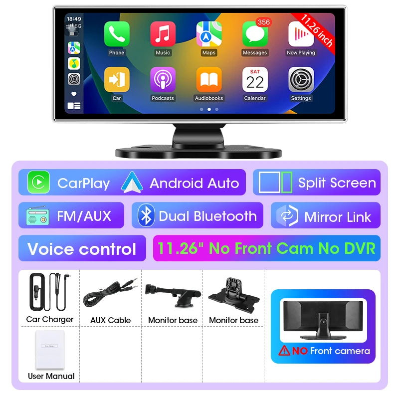 4K Dual Lens Car DVR Dash Cam with CarPlay, Android Auto, GPS, WiFi