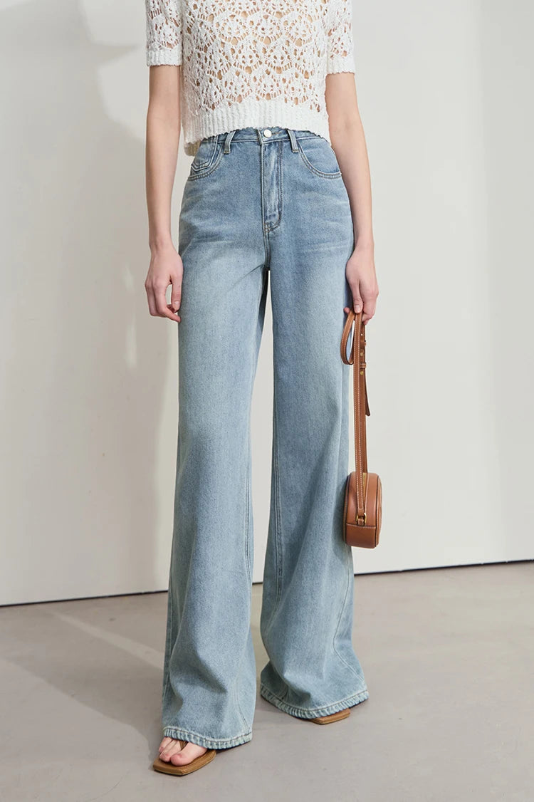 Women’s Blue Wide Leg Denim Jeans – Low Waist Loose Casual Trousers