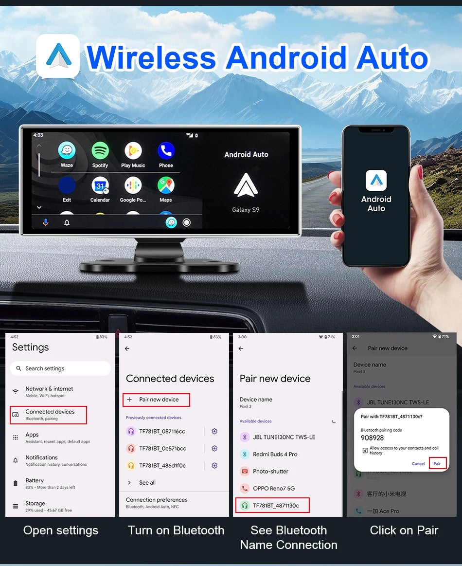 4K Dual Lens Car DVR Dash Cam with CarPlay, Android Auto, GPS, WiFi