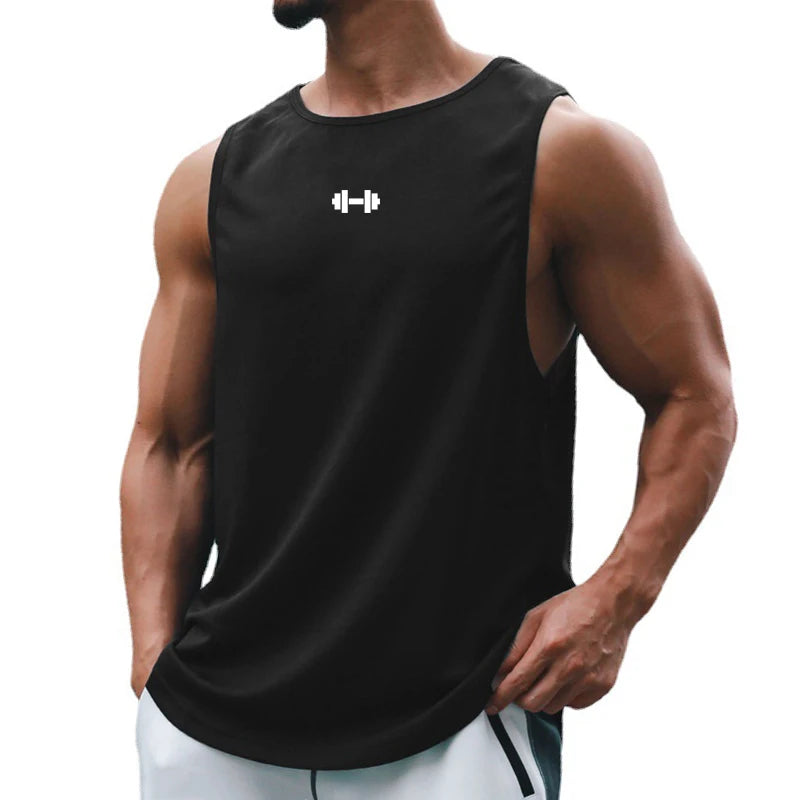 Person wearing a black tank top with a logo on a white background