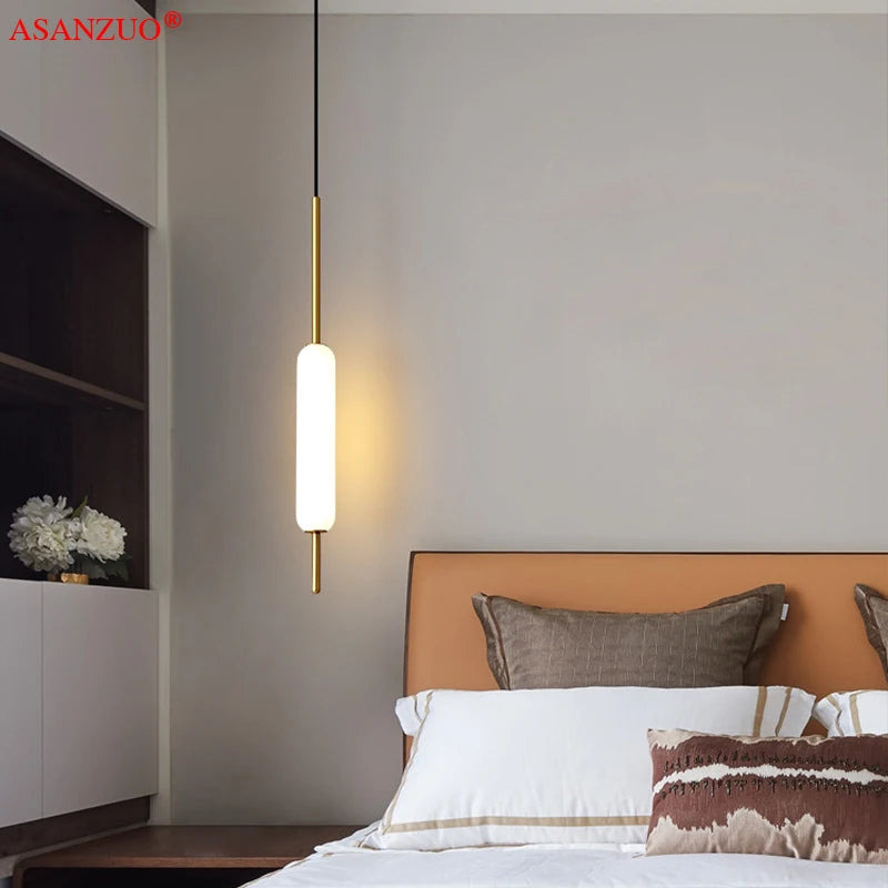 Modern LED Bedside Pendant Light – White Glass Tube, 1/2 Heads