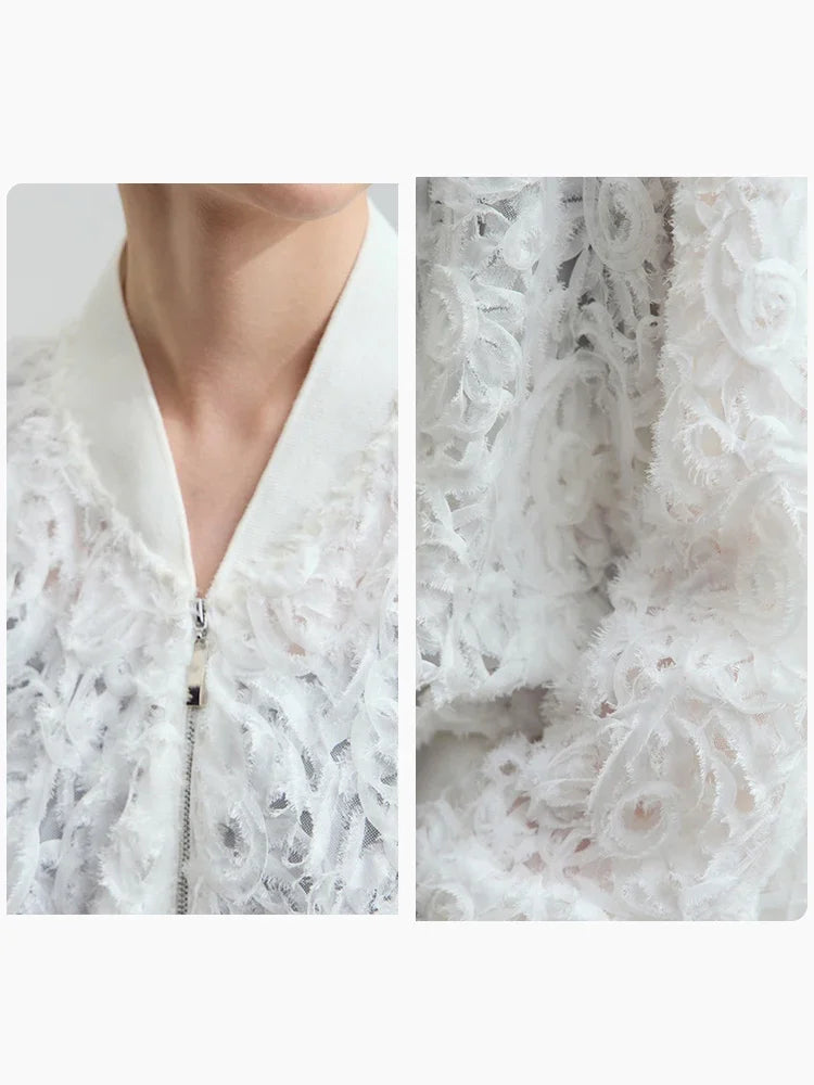 Women’s V-Neck Zipper Jacket – Hollow Flower Loose Casual Top