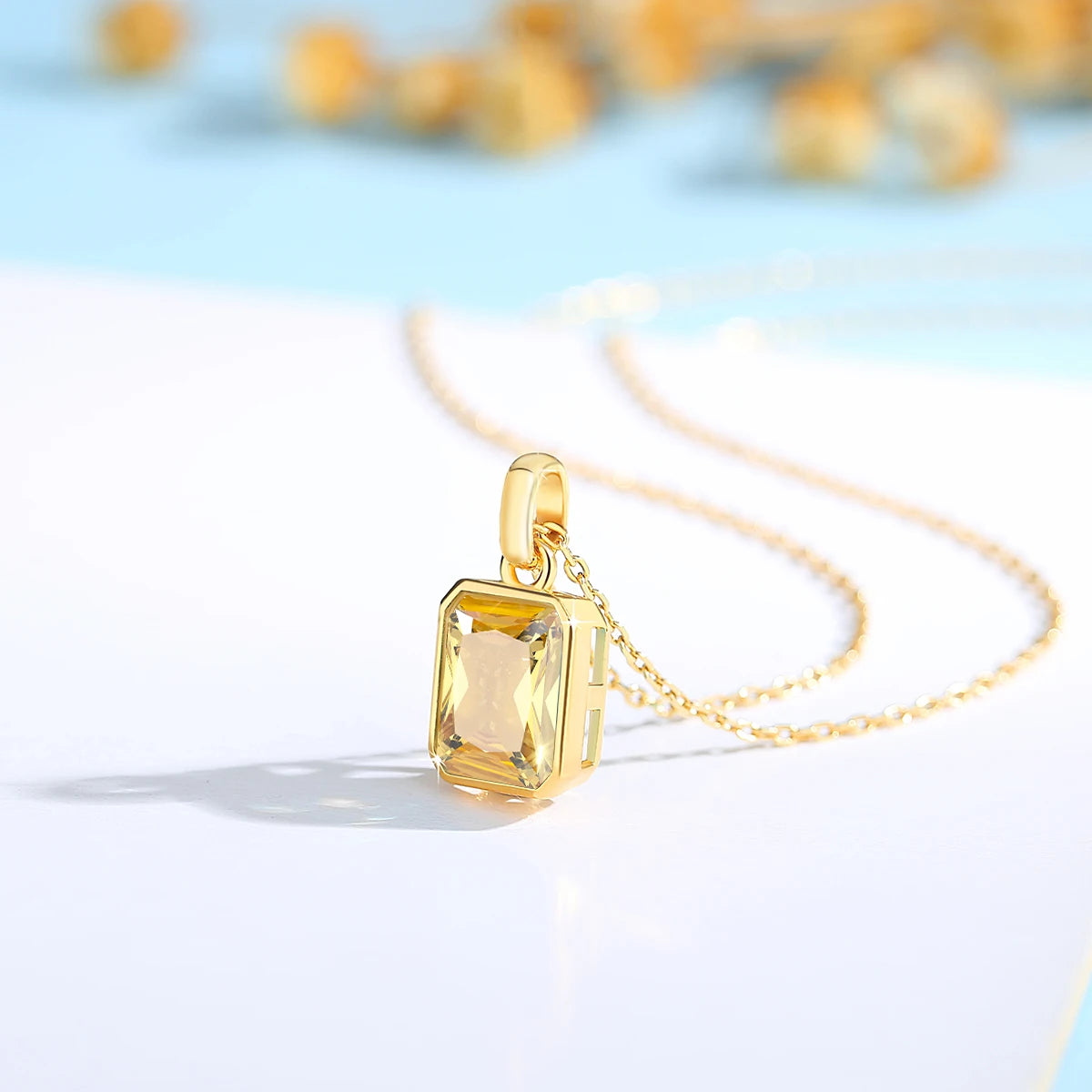 18K Gold Necklace for Women – 8x10mm Yellow Stone Rectangle