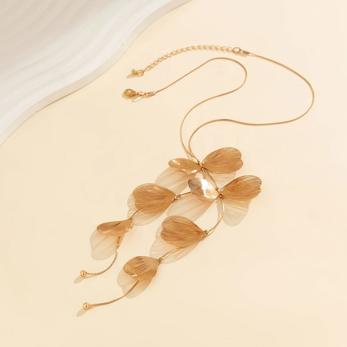 Gold Metal Petal Charm Tassel Necklace – Long Choker for Women