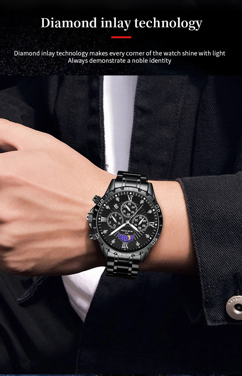 43mm Stainless Steel Men’s Quartz Watch – Diamond Night Glow