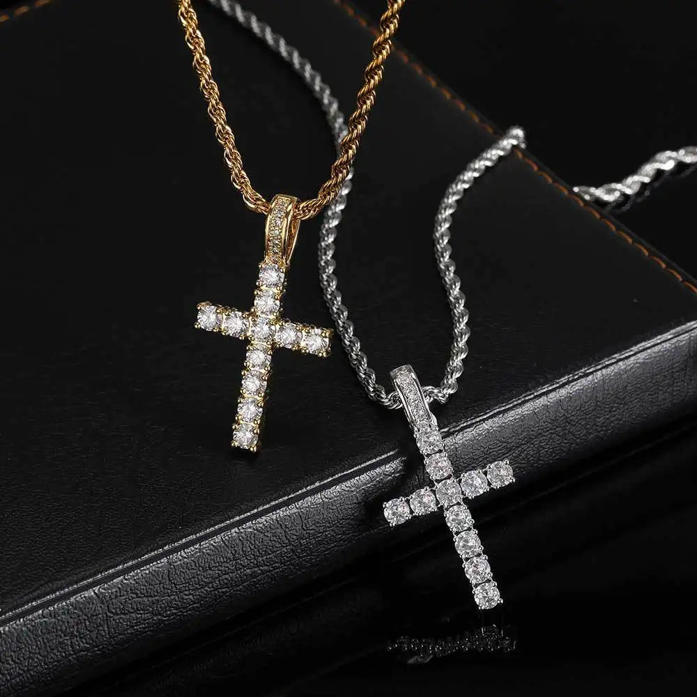 Unisex Gold Iced-Out Hip Hop Cross Pendant Necklace – Statement Chain