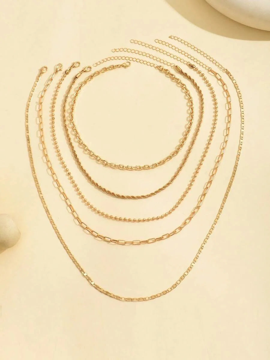Layered Gold Tone Necklace Set – 5pcs Braided & Beaded Chains