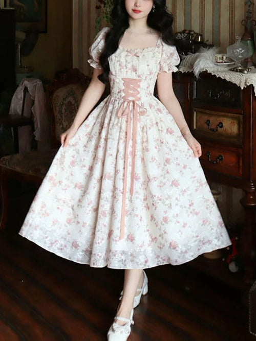 Women’s Summer Lace Fairy Dress – Square Collar Floral Princess Dress