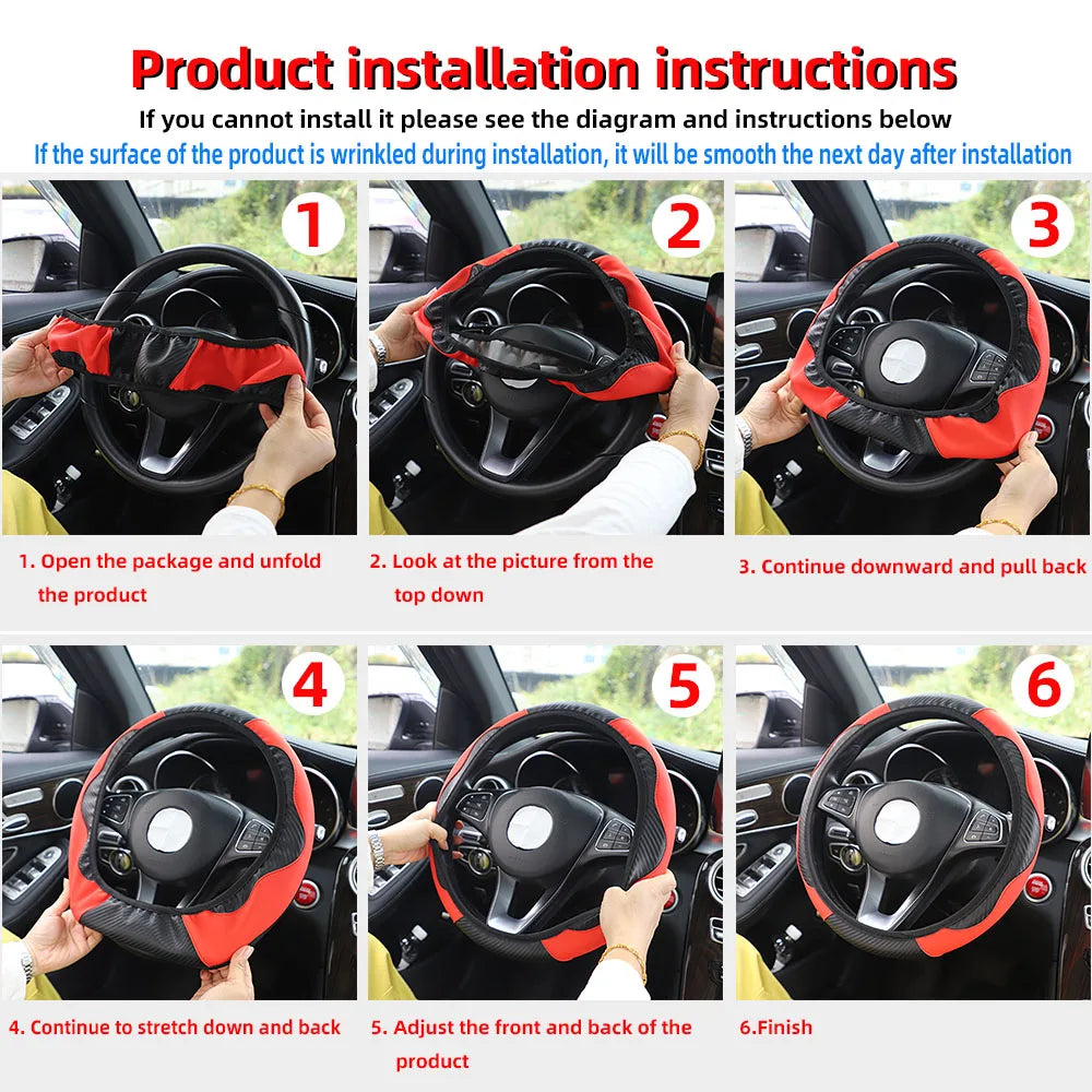 PU Carbon Fiber Leather Steering Wheel Cover 14.5–15 Inch Car Accessory