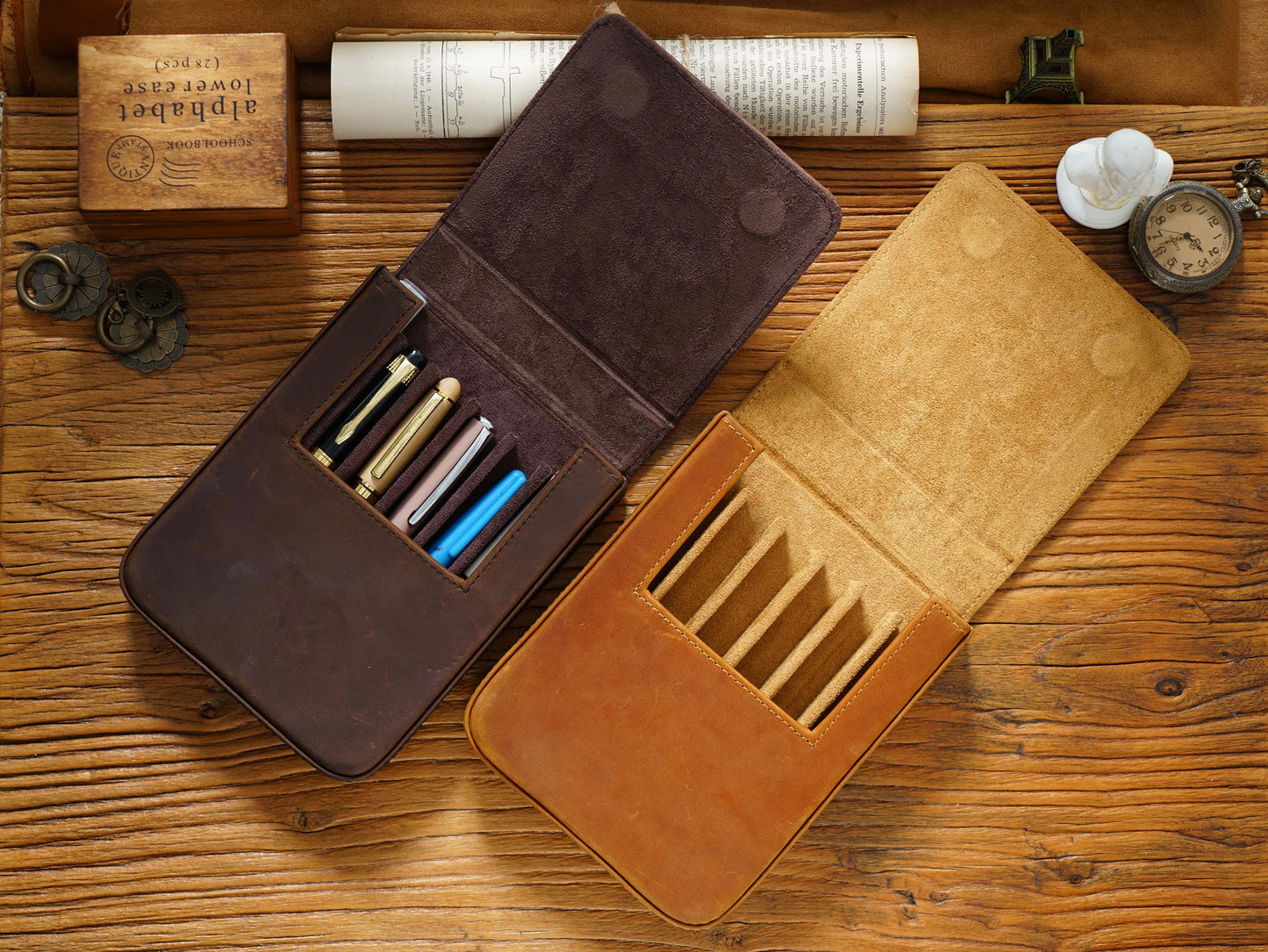 Vintage Genuine Leather Pen Pouch – 6-Slot Removable Tray Case