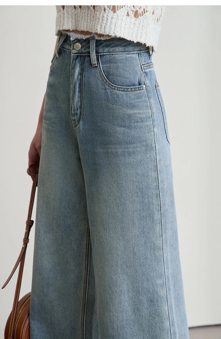 Women’s Blue Wide Leg Denim Jeans – Low Waist Loose Casual Trousers
