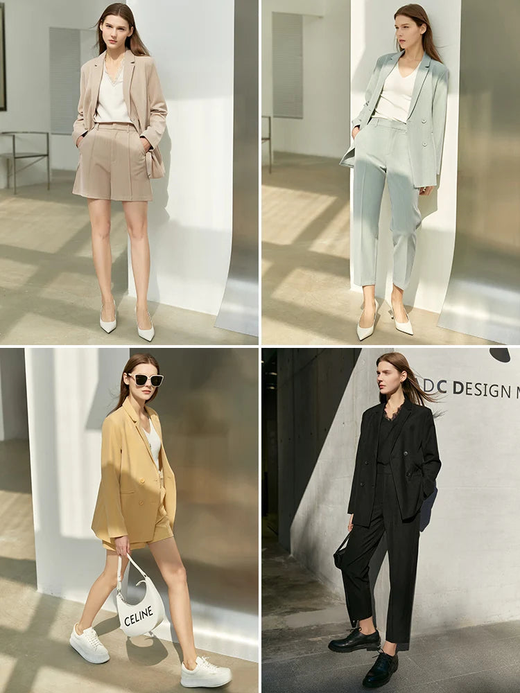 Women’s Office Blazer Set – Lace V-Neck Top & High Waist Pants