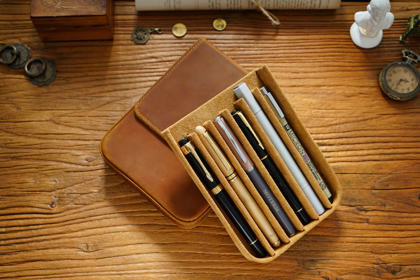 Vintage Genuine Leather Pen Pouch – 6-Slot Removable Tray Case