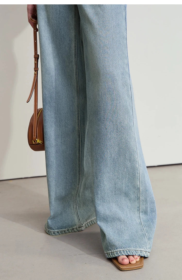 Women’s Blue Wide Leg Denim Jeans – Low Waist Loose Casual Trousers
