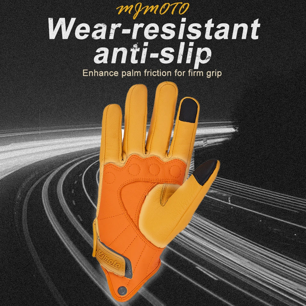 Retro Yellow Leather Motorcycle Gloves for Men & Women