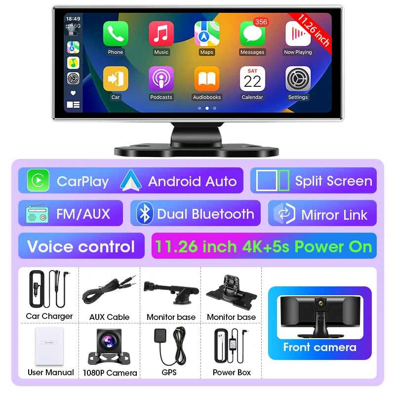 4K Dual Lens Car DVR Dash Cam with CarPlay, Android Auto, GPS, WiFi